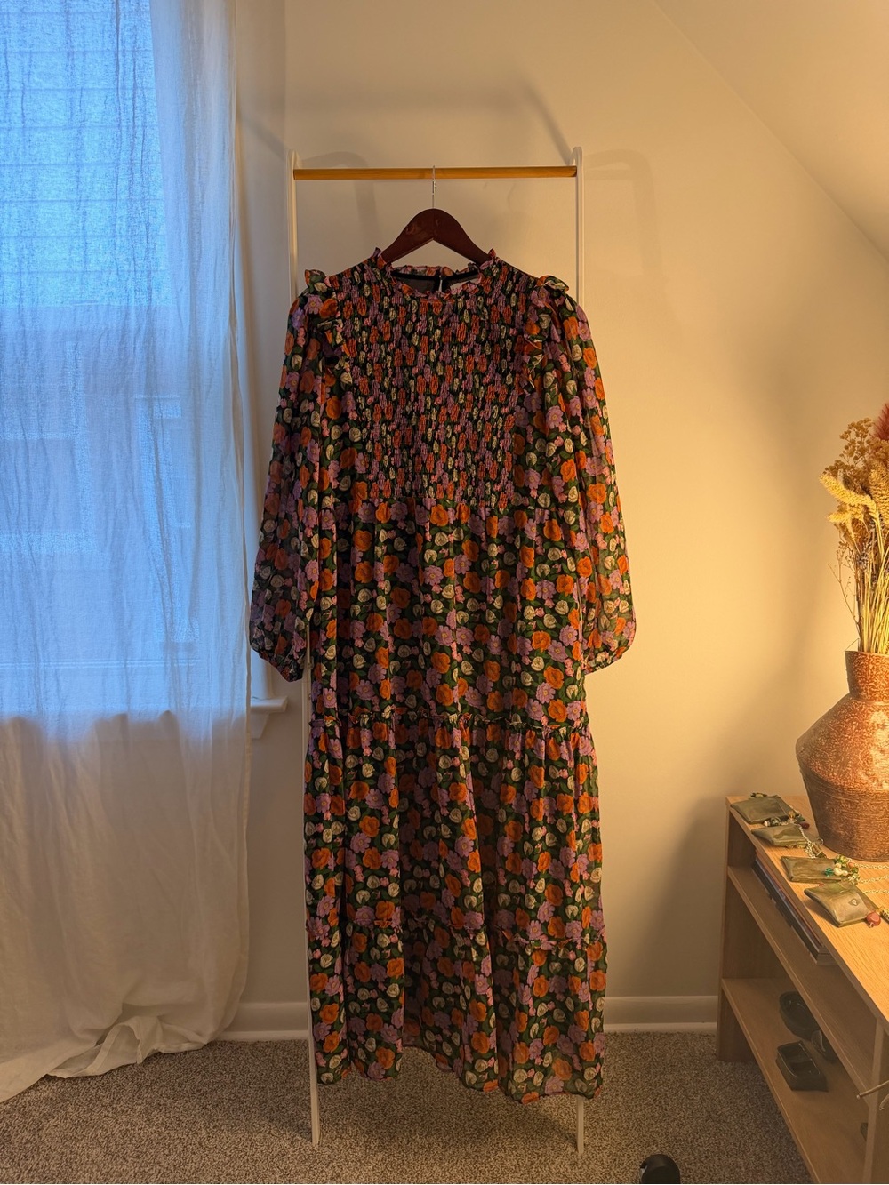 Mango Black Floral Smocked Yoke Maxi Dress